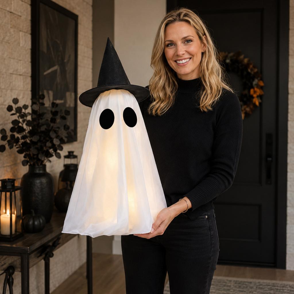 Outdoor Halloween Tabletop Ghost Decoration with Witch Hat Lightweight Fabric Cover for Porch and Garden Seasonal Party Decor