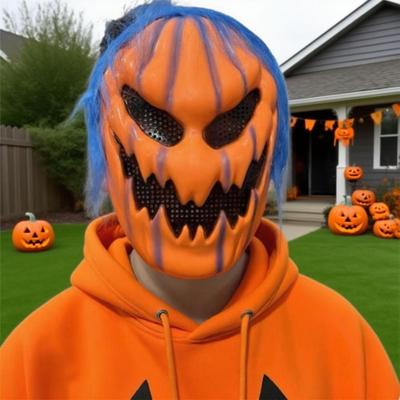 Realistisk Halloweenpumpor Mask Kreativitet med Peruk Halloween Cosplay Mask Rolig Elastisk Läskig Spökhuvudbonad