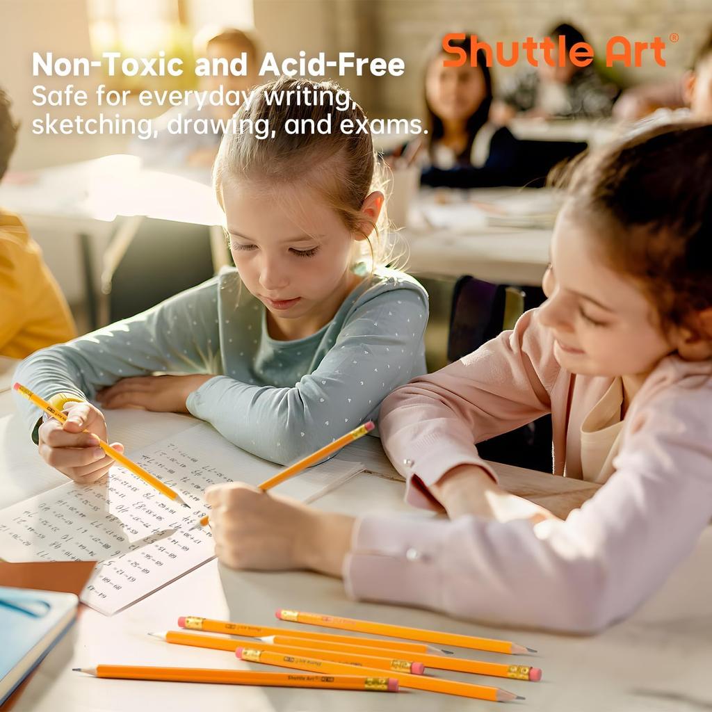 Shuttle Art 60 Pack Pencils, #2 HB, Pre-sharpened Pencils with Top Erasers, Premium Woodcased Yellow Pencil Bulk for Classroom & School Supplies,