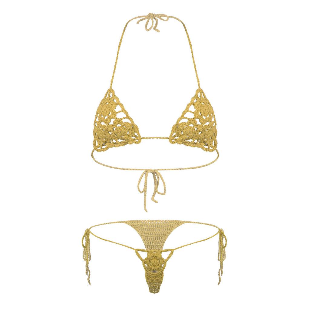 Damen Blumig Handgehäkelt Häkeln Dessous Bikini Set Ausgeschnitten Zweiteilig Badeanzug