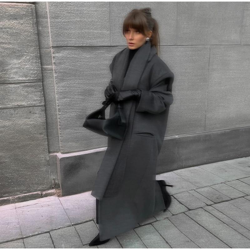 Casaco de lã com gola cachecol chique de cor sólida, bolsos elegantes, jaquetas trespassadas, novo vestuário feminino grande