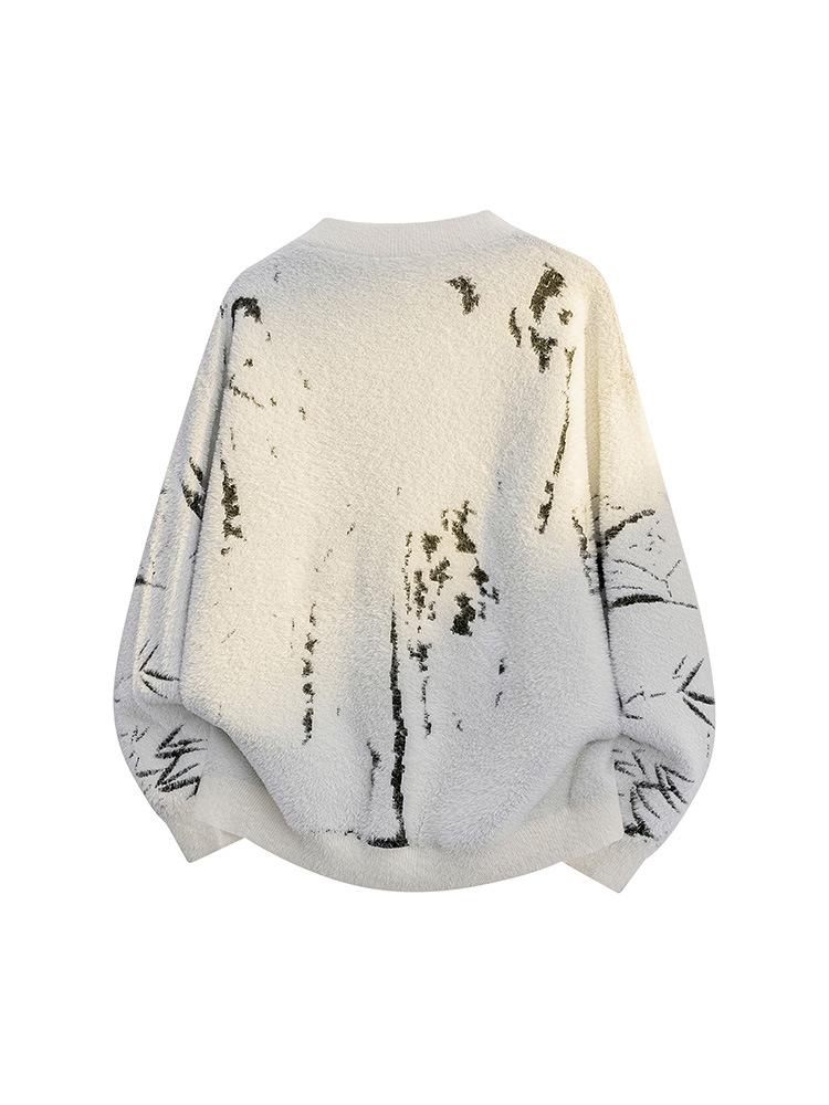 2025 Winter Bamboo Leaf Jacquard Sweater: Round Neck, Loose Fit, Retro Knit Pullover