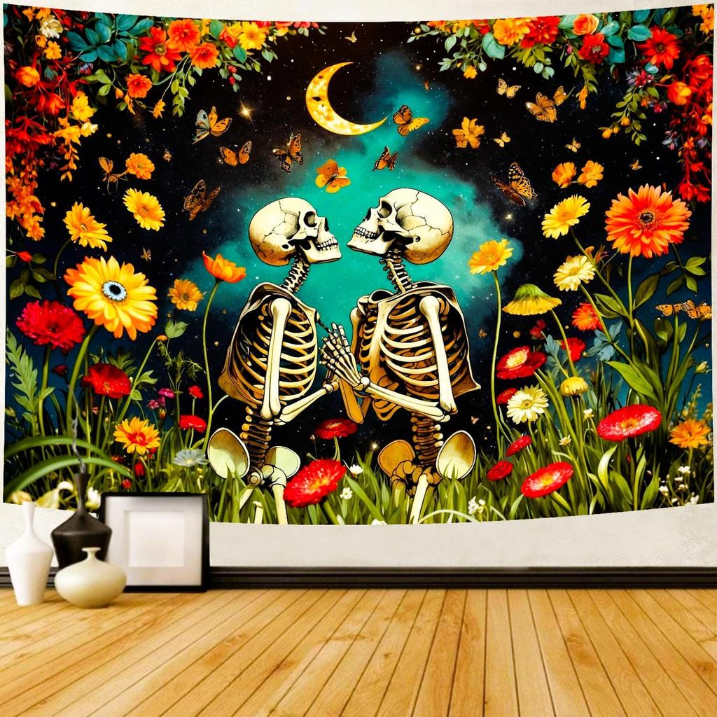 Skull Tapestry Gothic Black and White Romantic Constellation Skeleton Tapestry Floral Abstract Psychedelic Hanging Headboard