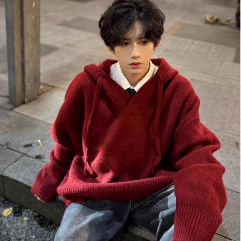 

Korean Zodiac Red Hooded Knit Sweater for Men & Women - Autumn/Winter Soft New Year Clothing M червоний