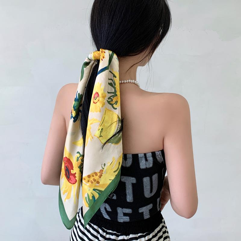Green Oil Painting Small Square Scarf Silk Scarf Women's Summer Thin Sunscreen Spring and Autumn Headscarf Head Scarf Tied Bag Headband Belt