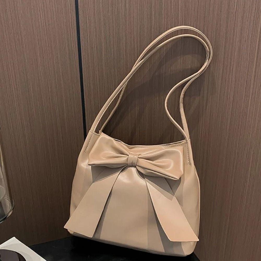 Bucket Bag PU Bow Shoulder Bag Solid Color Fashion Underarm Bag Simple INS Tote Bag  Children