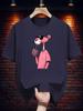 Graphic T-shirt - Black Casual Short Sleeve Tee with Pink Cartoon Character Print