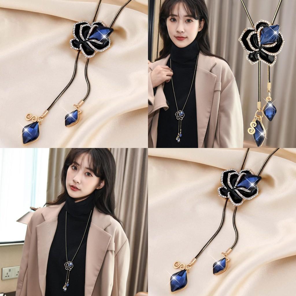 Exquisite New Blue Rose Floral Crystal Sweater Necklace Trendy Long Pendant Jewelry