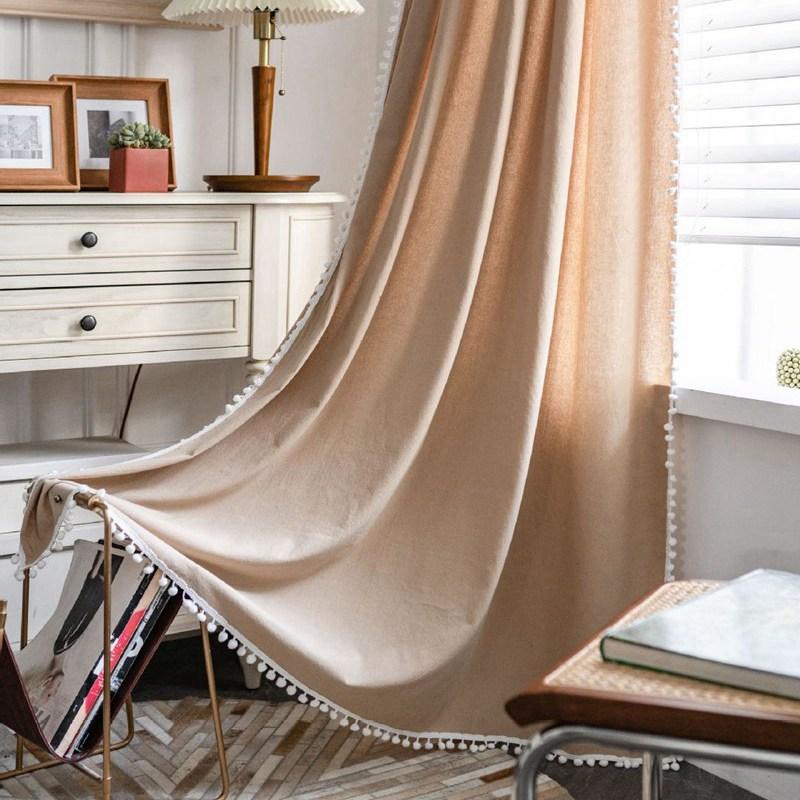 

Solid Color Curtain Thick Blackout Translucent White Tassel Curtains Living Room Bedroom American Vintage Drape Kitchen Valance W150 x H160cm&Threading Rod