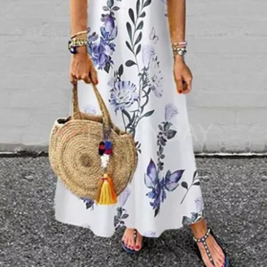 Women Elegant Dress Flower Leaf Print Short Sleeve Loose Leisure Dress for Outdoor