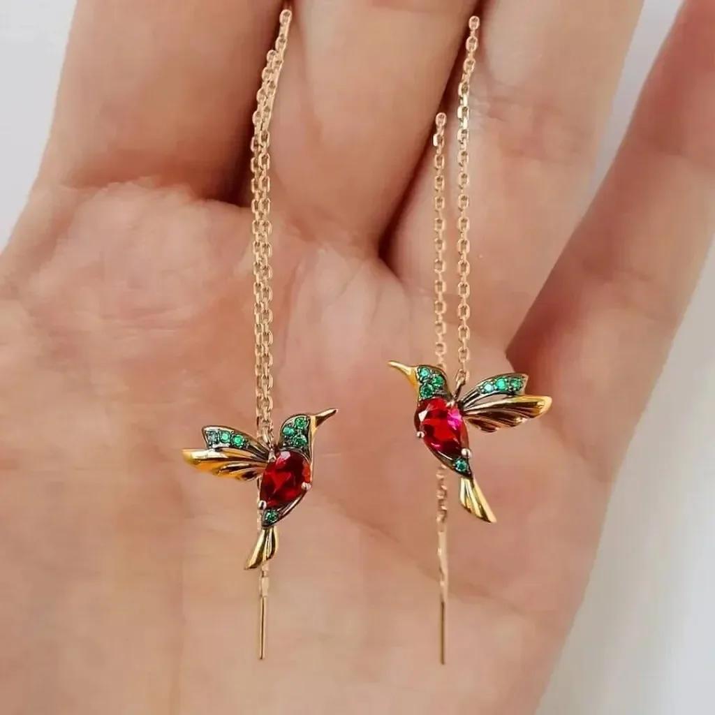 

Gold Color Jewelry Wing Spreading Drop Earring Wedding Party Metal Hummingbird Red CZ Long Earrings For Women Green Stone Red красный