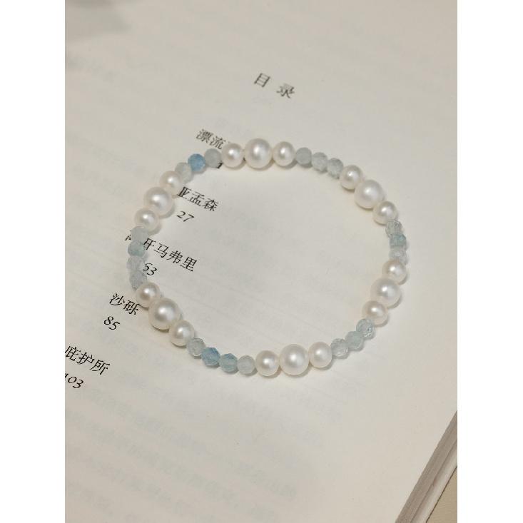 Natural freshwater pearl bracelet, natural aquamarine beaded elastic string bracelet, fresh and stylish fashion jewelry