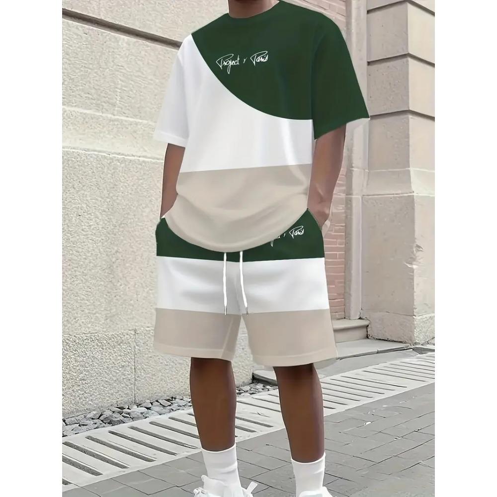 Summer Men's Short Sleeved Shorts 2-piece Set with Plus Size Stitching Color T-shirt Shorts, Clothing Pocket Elastic Waist Shorts