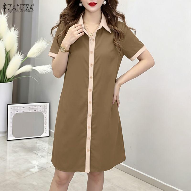 ZANZEA Women Splice Turn Down Collar Casual Short Sleeve Shirt Dress