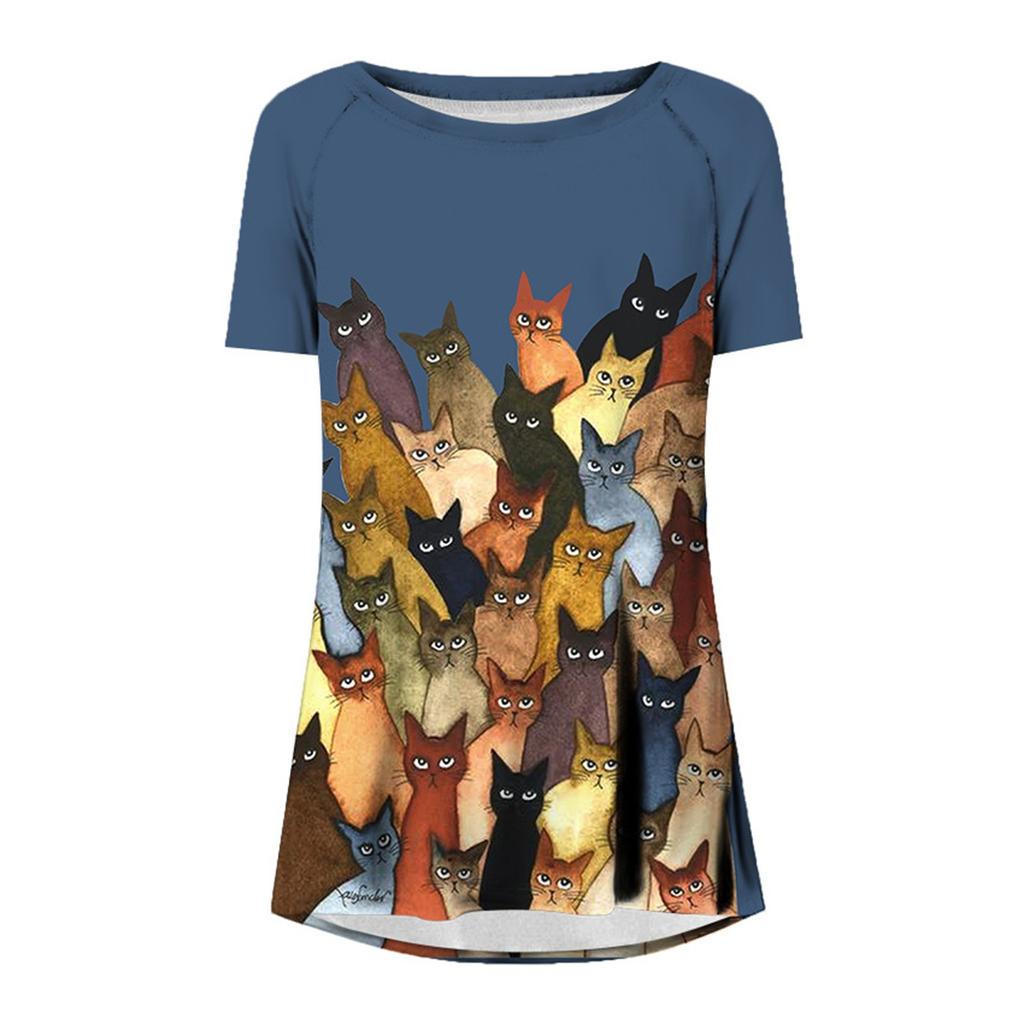 Women's Fashion Casual Short Sleeve Prints Round Neck Pullover Top Blouse