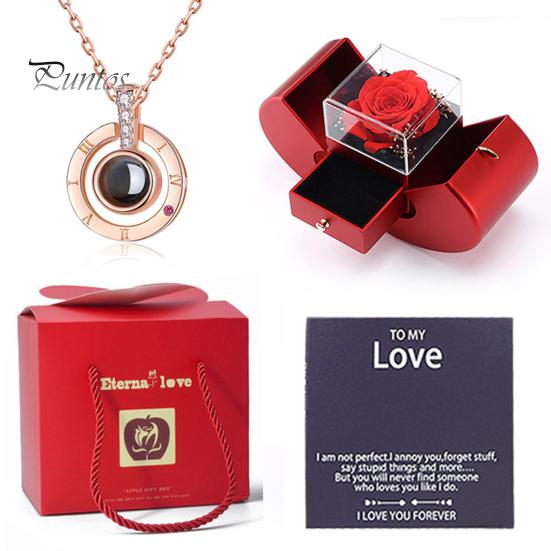 Women Necklace with Storage Case Ultralight Non-Fading Sparkling Jewelry Necklace Greeting Card Preserved Rose Gift
