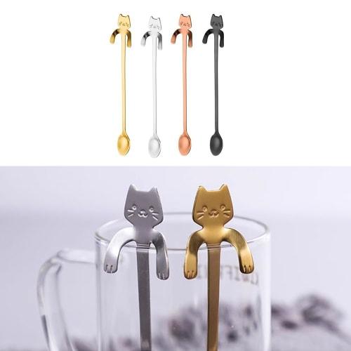 Stainless steel long spoon with cat design, perfect for home use (silver, gold, pink, and black, 20cm)