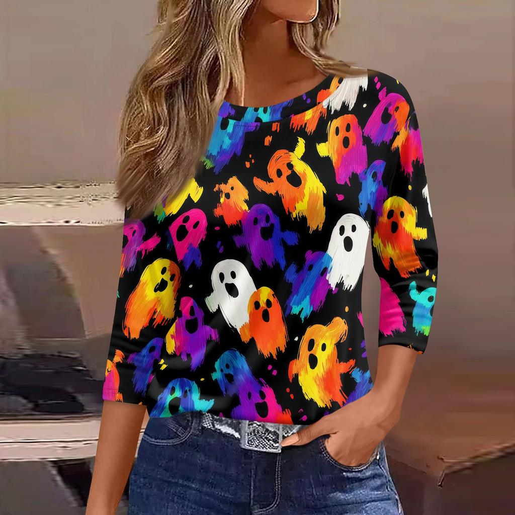 Women's Loose Fit Casual Halloween Print T-Shirt 3/4 Sleeve Round Neck Relaxed Fit Top for Everyday Wear