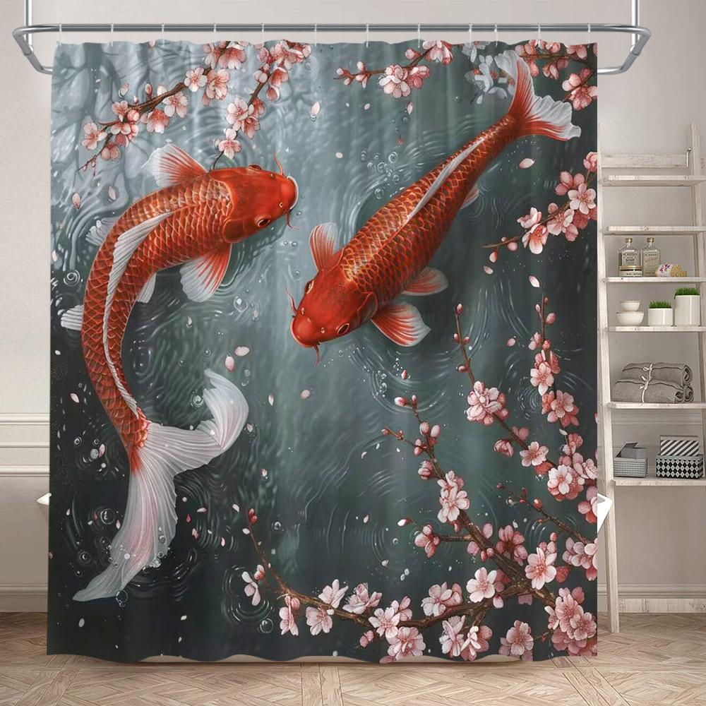 Pink Cherry Blossom Koi Fish Shower Curtains Watercolour Floral Lotus Leaves Carp Japanese Style Bathroom Curtain Set Home Decor