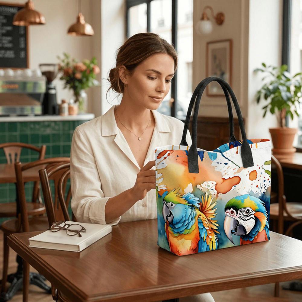 Colorful Parrot Printed Canvas Tote Bag Casual Large Capacity Daily Handbag for Women Outdoor Shopping Travel Carryall Shoulder Bag