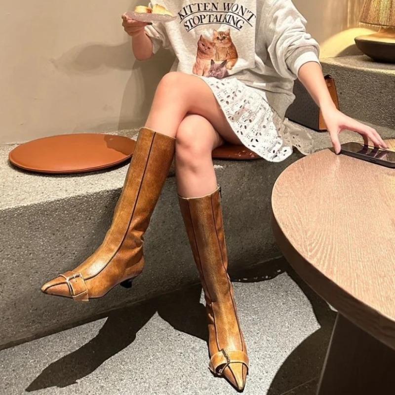 Autumn thin versatile fashion boots women's niche retro pointed thick heel belt buckle side zipper boots