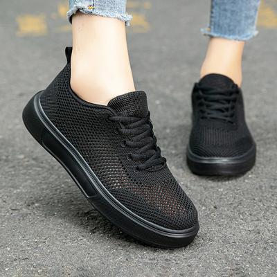 Summer Pure Black Fly-woven Sports Shoes Hollow Breathable Mesh Shoes Super Light Soft Sole Not Tired Feet Mother Shoes