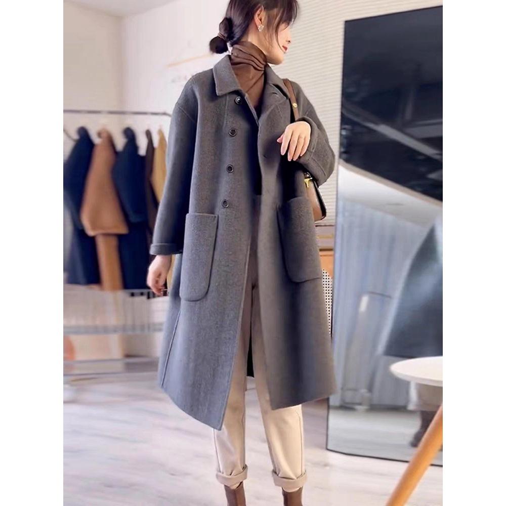 Double-sided wool coat, medium and long small plush cashmere doll collar thickened straight and thin coat for women
