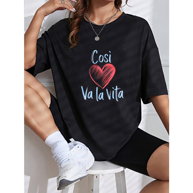 Cotton T Shirt White Cosi Va La Vita Heart Print Casual Everyday Wear