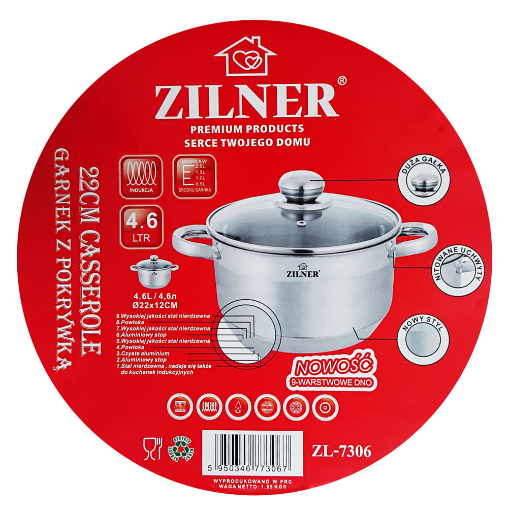 Garnek Z Grubym Dnem 9 Warstw Stal Nierdzewna Indukcja Gaz 4.6L 22Cm Zilner Zl-7306