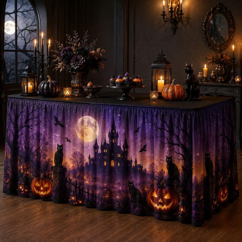 Halloween Table Skirt With Waterproof Dustproof Decor Dining 140-275cm Length