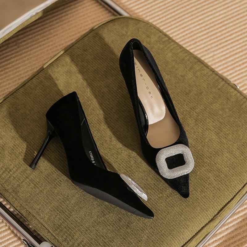 8850 [sheepskin] high heels women's thin heels autumn 2025 new pointed square buckle rhinestone dress single shoes
