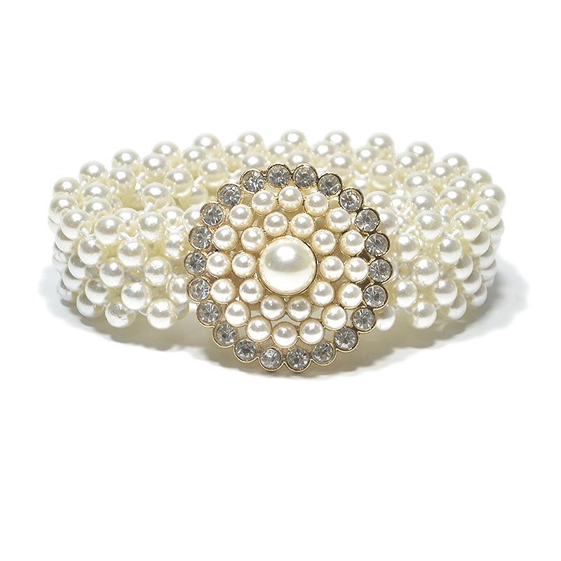 Cross-border women's belt - ladies' casual decorative rhinestone & pearl buckle slim waist belt