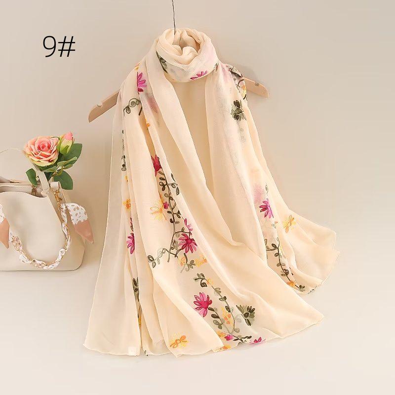 Ethnic Style Embroidered Cotton-Linen Scarf: Thin, Breathable, Fashionable Sun Protection; Wear as Head Wrap or Shawl.