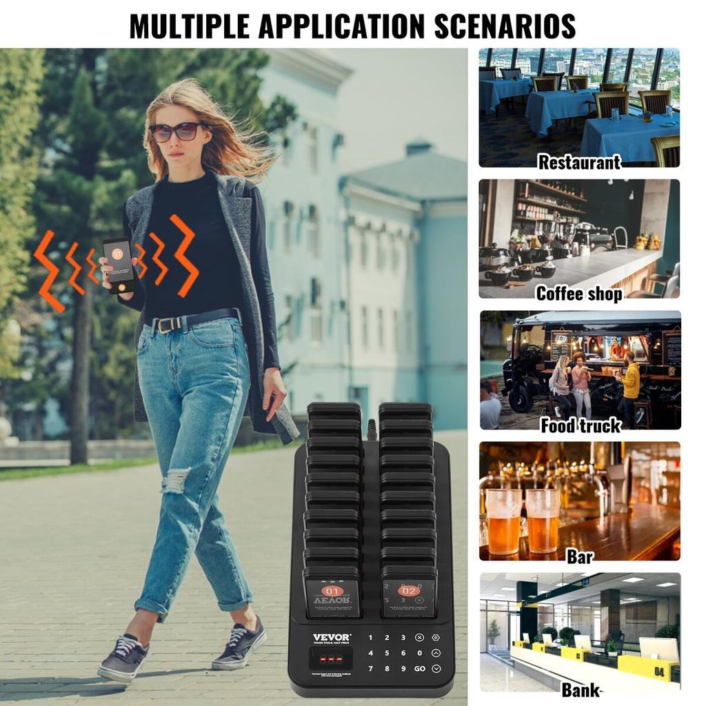 Restaurant Pager System, Wireless 400m Long Range Lineup Waiting Queue Signal, Guest Customer Calling Beepers with Vibration & Flashing, 20 Buzzers