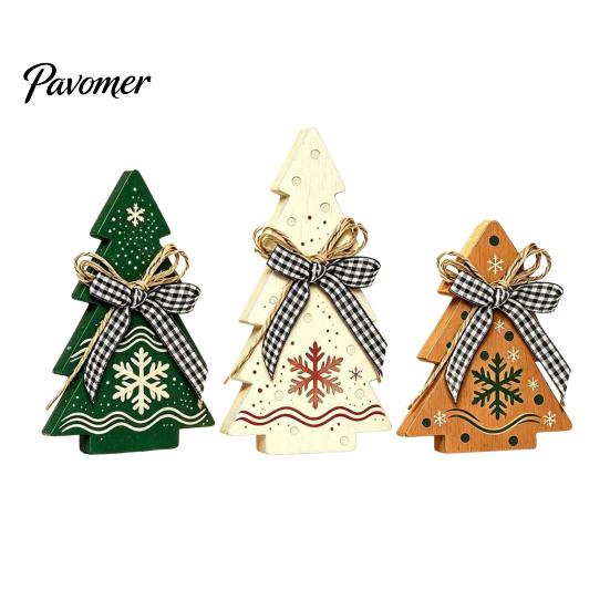 Vintage Country Style Home Accents 3Pcs Wooden Christmas Tree Ornaments with Plaid and Hemp Rope Bow, Rustic Farmhouse Small Figurines Polka Dot Xmas