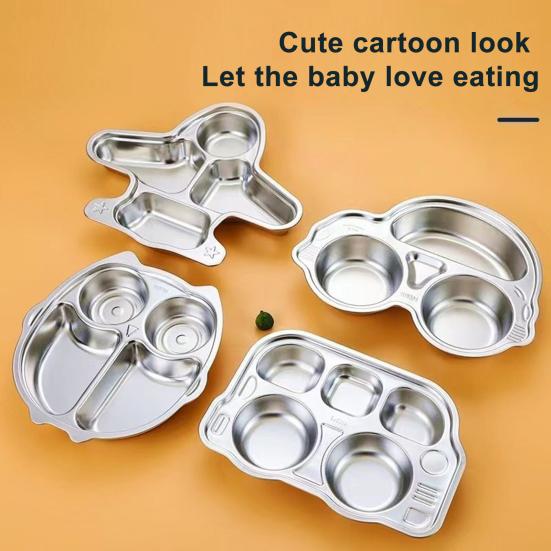 Stainless Steel Dinner Plate for Kids Cartoon Design Divided Tray Food-Grade Safe Durable Children Compartment Serving Snack Dishes