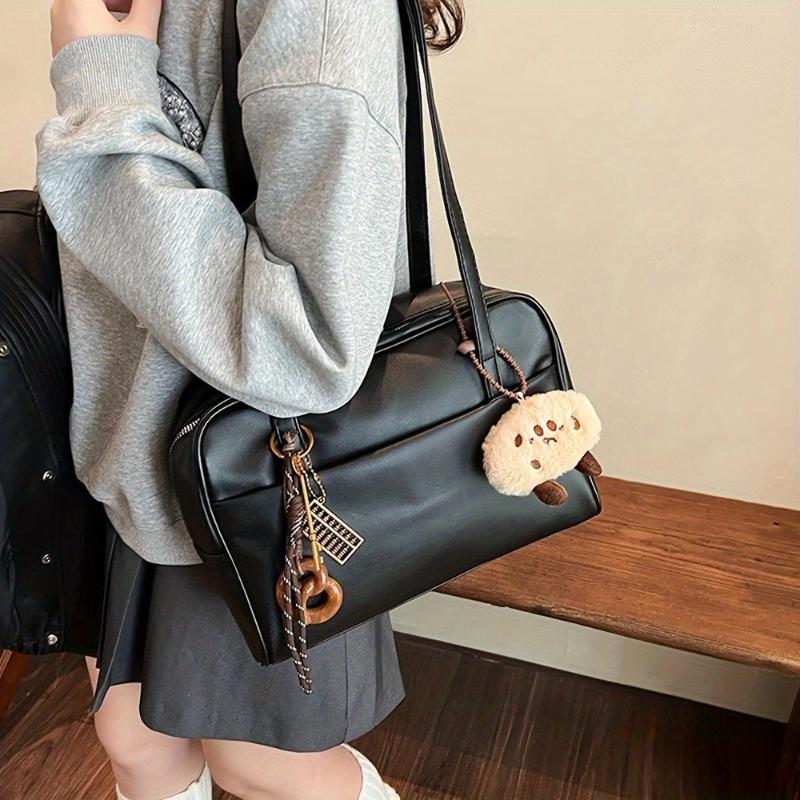 Trendy Vintage Leather Large Capacity Tote Bag with Detachable Plush Charm Pretzel Keychain Spacious Daily Commute Shoulder Bag