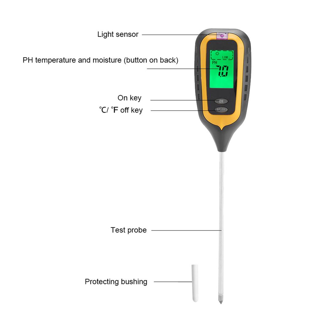4 In 1 LCD Moisture Temperature Sunlight PH Tester Meter Garden Soil
