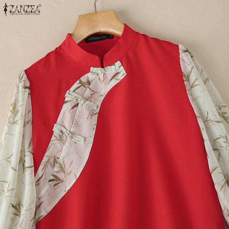 ZANZEA Women Casual Splice 3/4 Sleeve Stand Collar Loose Blouse