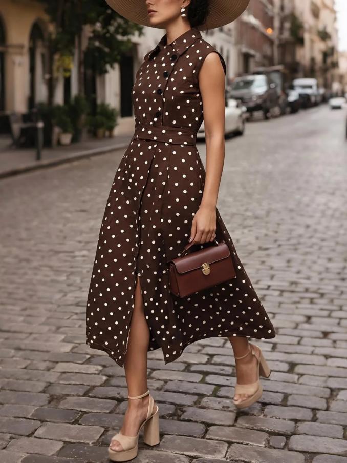 European Sleeveless Polka Dot Retro Dress with Lapel and Faux Button Lace-up Design