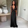 Deep V-neck Hollow Long Dress Sleeveless Slit Beach Vacation Dress Solid Color High Waist Dress
