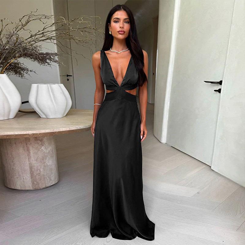 Deep V-neck Hollow Long Dress Sleeveless Slit Beach Vacation Dress Solid Color High Waist Dress