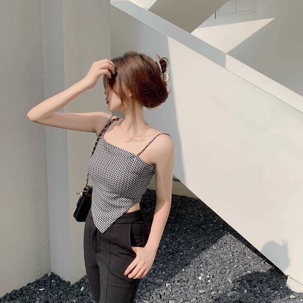 Hong Kong Style Retro Spring and Summer Irregular Plaid Camisole Vest Short Outer Wear Slim Fit Top For Girls