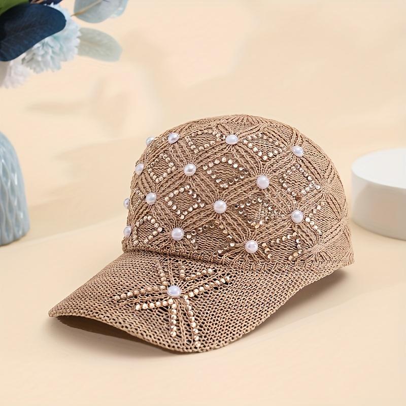 1pc of Four-Leaf Flower Pearl Hat for Women, Stylish And Versatile with Pearl And Rhinestone Mesh, Adjustable Summer Baseball Cap
