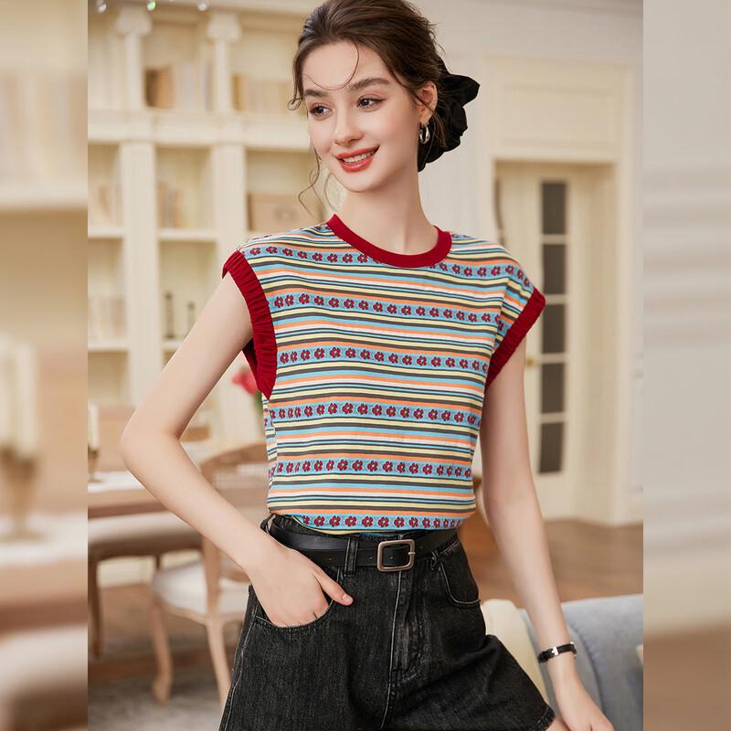 Bailuyu Women s Retro Striped Short Sleeve T-Shirt M