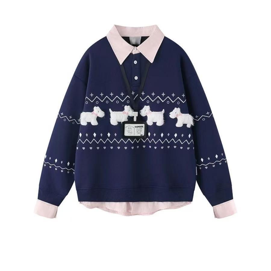 

Korean fake two pieces Polo collar sweater women s new autumn and winter velvet cartoon embroidery flower loose and warm XL тёмно-синий