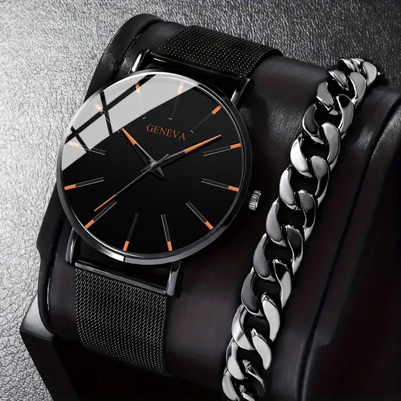 

2 шт./комплект, модные мужские повседневные деловые кварцевые часы с сетчатым ремешком и мужской браслет, лучшие подарки для него