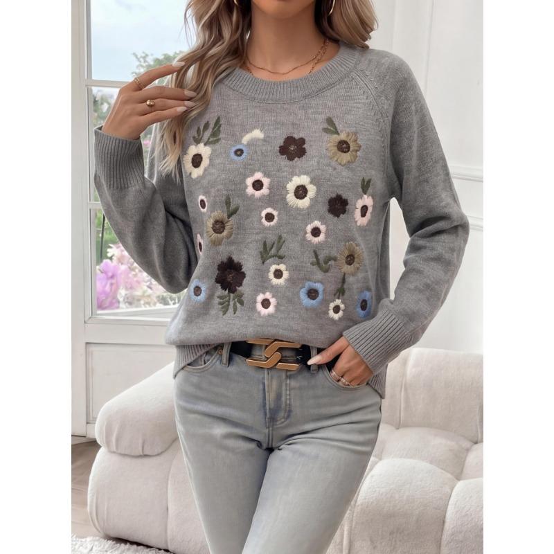 Women S Crew Neck Long Sleeve Knit Sweater With Flower Embroidery