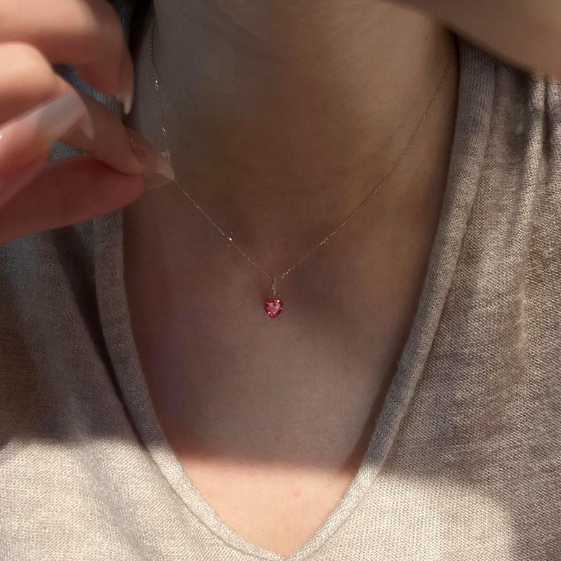 Red Corundum Cherry Red Ruby Silver Necklace with 18K Gold Plated S925 Sterling Silver Clavicle Chain