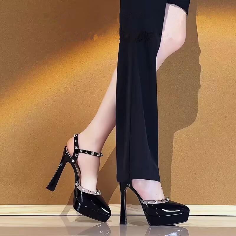 

Fashion Summer New Baotou Sandals Women s Pointed Toe Sexy Block Heel One Word Belt Rivet High Heels with Waterproof Platform 40 чёрный